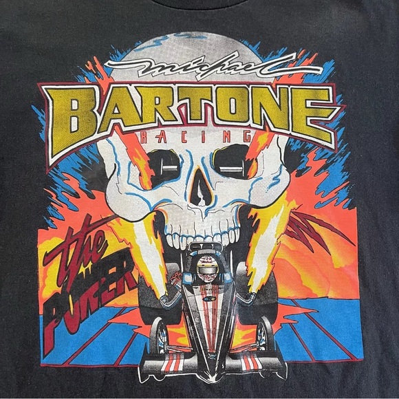 Vintage 90s Michael Bartone NHRA Drag Racing Team Skull Tshirt Size L Black EUC - Picture 2 of 6